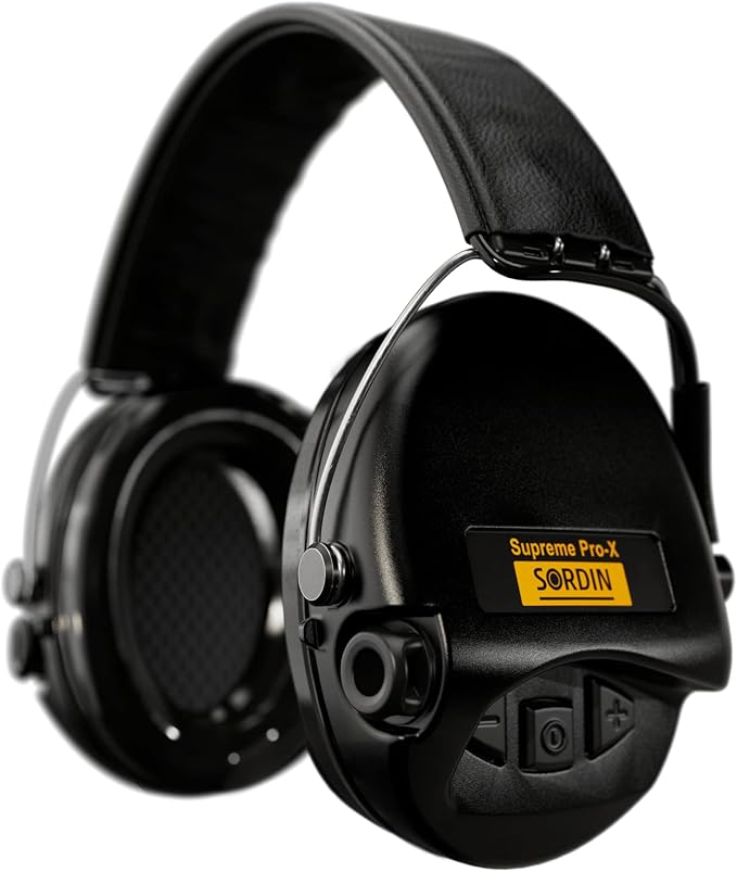 Sordin Pro-X electronic hearing protection, black leather headband, gel pads product photograph