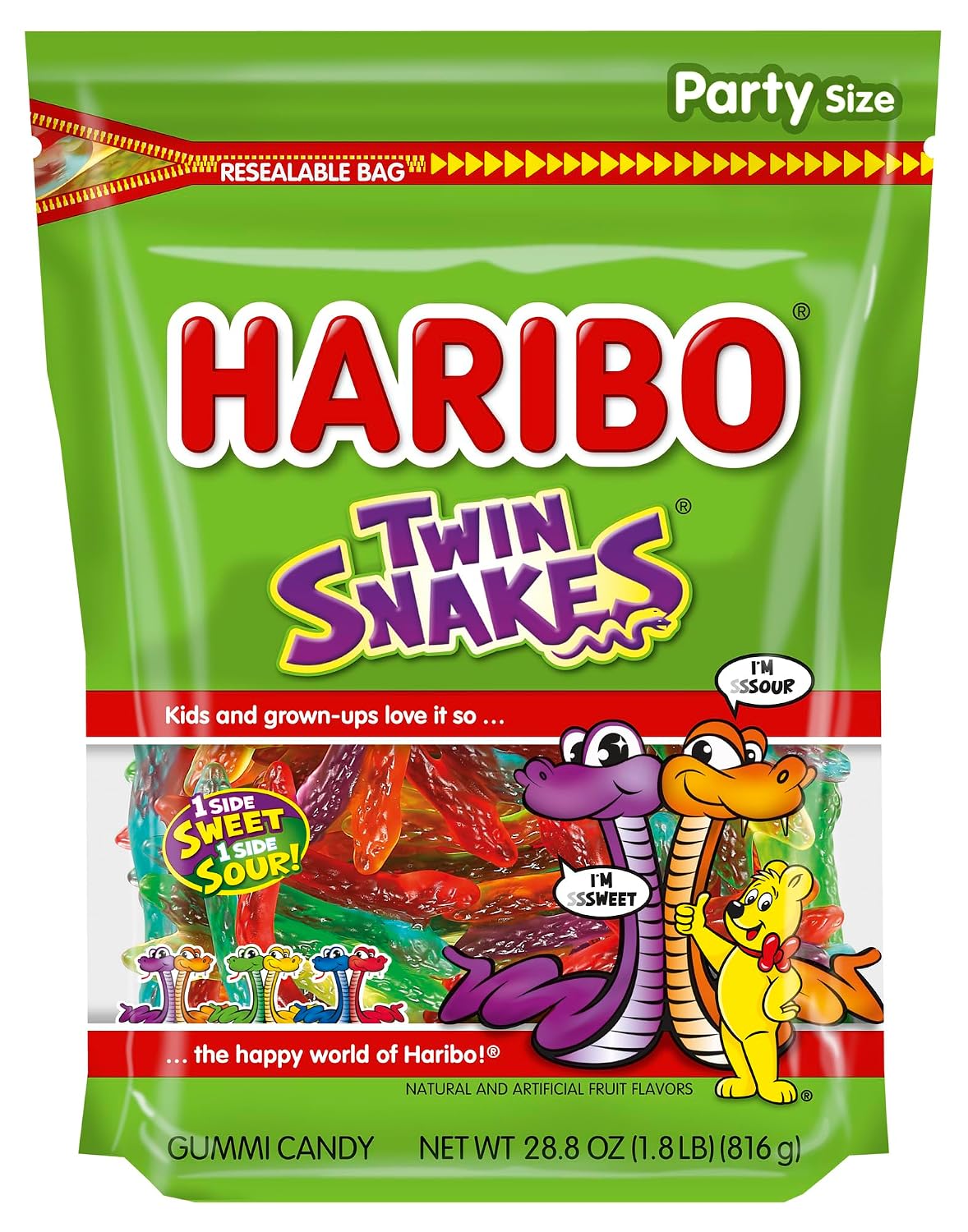 HARIBO Twin Snakes Sweet & Sour Gummy Candy, 28.8 oz. Resealable Bag