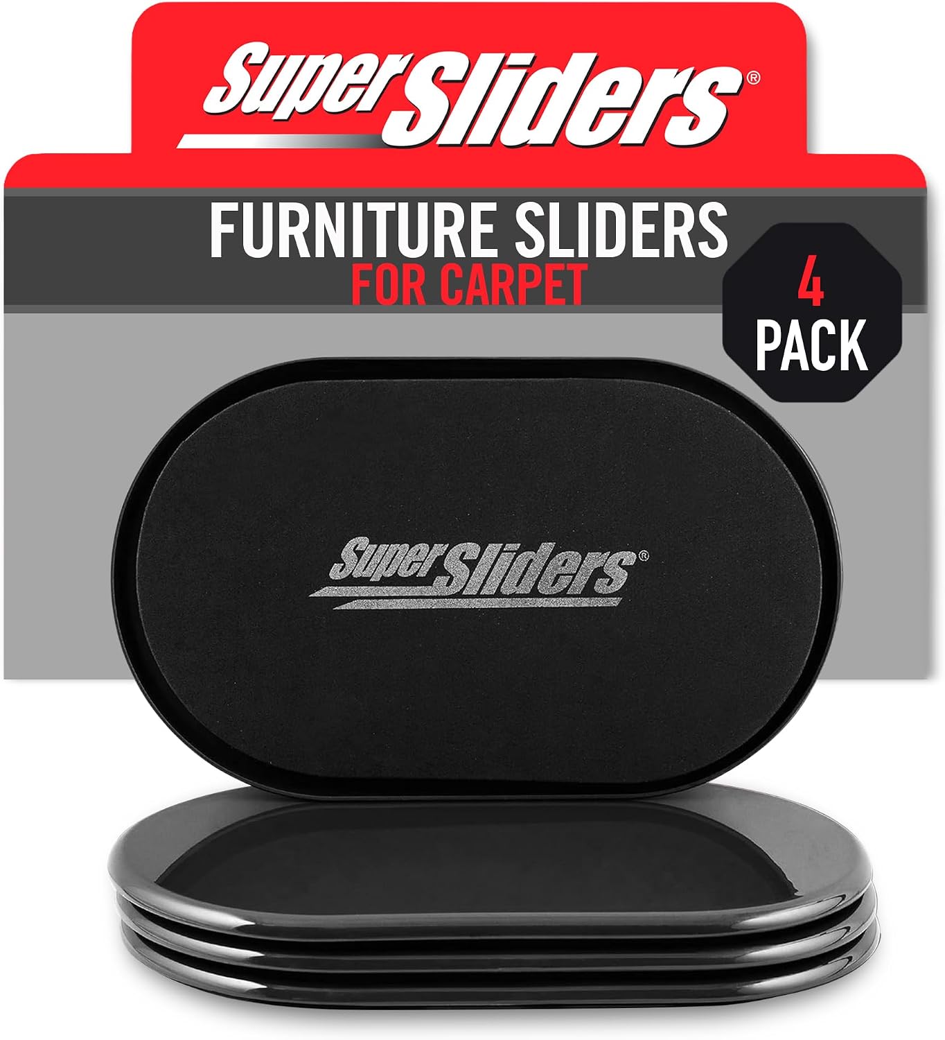 Super Sliders 5-3/4" x 9-1/2" XL Oval Reusable Furniture Sliders for Carpet, Anti-Slip Protective Furniture Moving Pads for Beds, Sofas, Dressers, Set of 4, Black