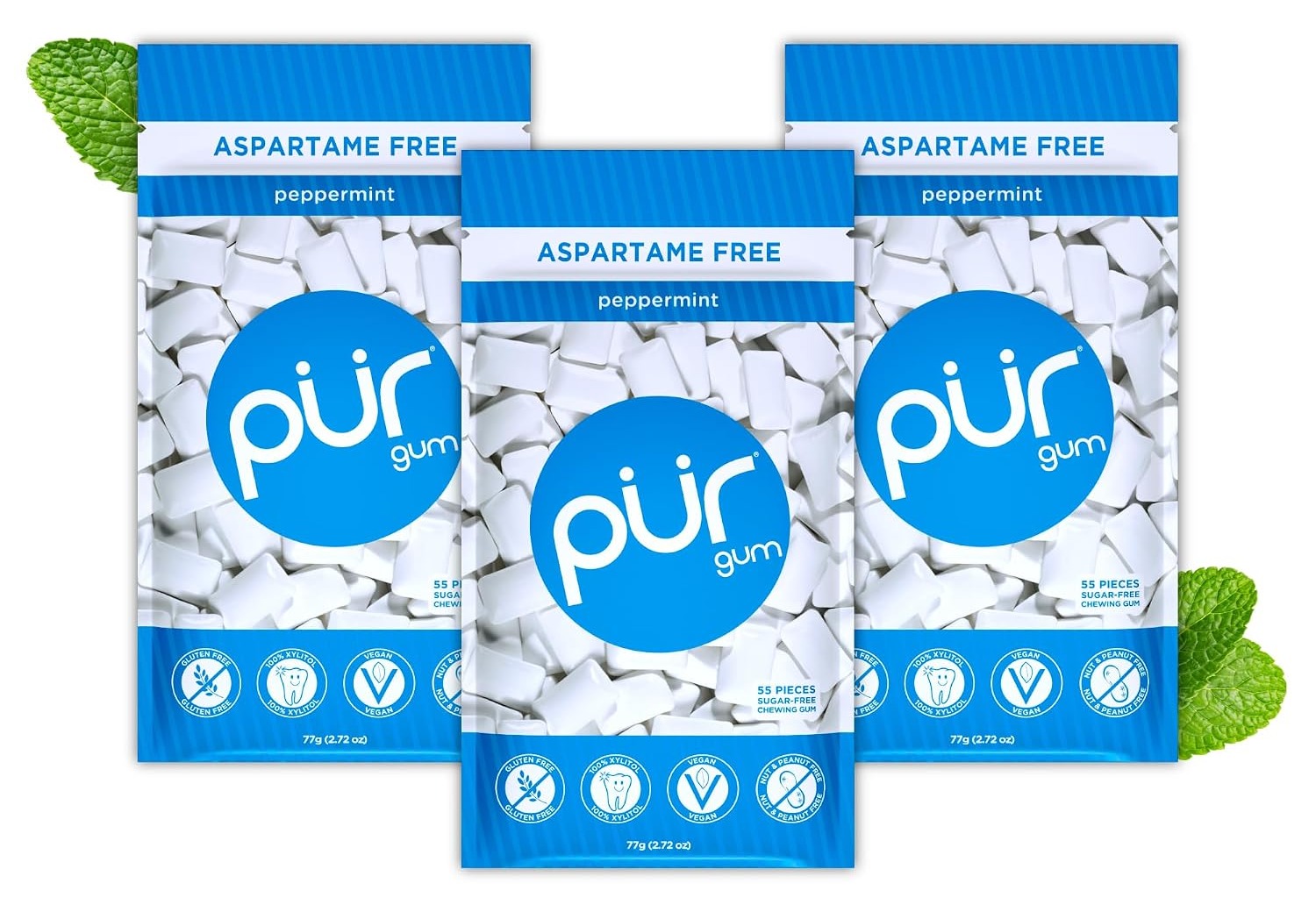 PUR Gum, Peppermint, Xylitol Gum, No Artificial flavour, 165 Count (3x55)