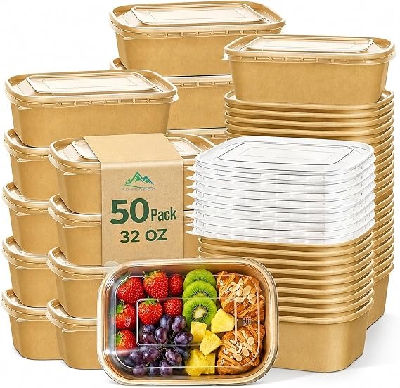 Kaderron Paper Meal Prep Bowls with Lids, 32 oz, 50-Pack