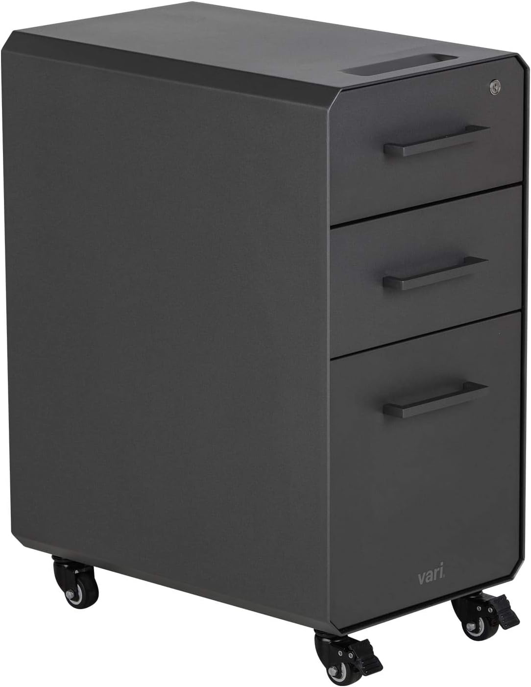 Vari Slim File Cabinet - Three Drawer Office Filing Cabinet, Modern Mobile Pedestal with Heavy-Duty Steel - Lockable Storage with Roll-and-Lock Caster Wheels - Home or Office - Charcoal Grey