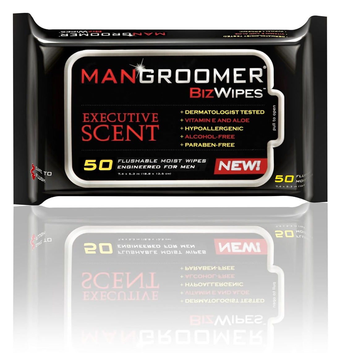 MANGROOMER Biz Wipes Flushable Moist Personal Wipes Engineered for Men, Executive Scent, 50 Wipes (Pack of 6), 300 Count