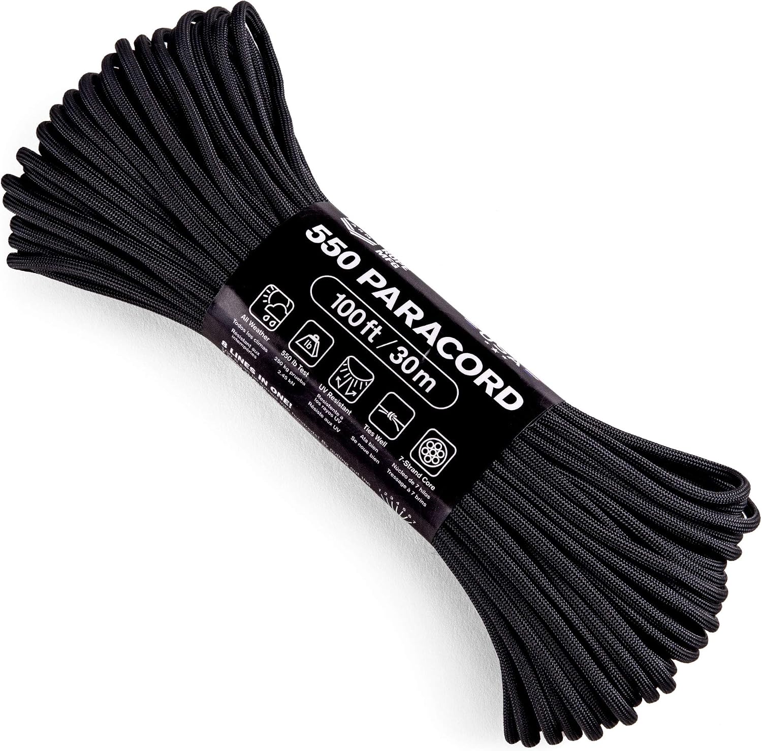 Atwood Rope MFG 550 Paracord 100 Feet 7-Strand Core Nylon Parachute Cord Outside Survival Gear Made in USA | Lanyards, Bracelets, Handle Wraps, Keychain (Black)