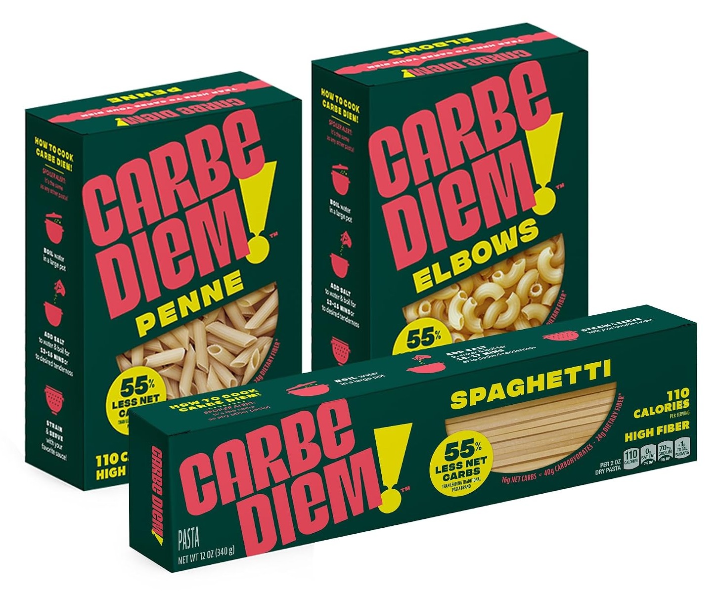 Carbe Diem!, Trio Sampler Pack, Spaghetti, Penne & Elbow, Lower Net Carb Pasta with Traditional Flavor & Texture, 8 grams of Protein, Only 110 Calories Per Serving, Pack of 3