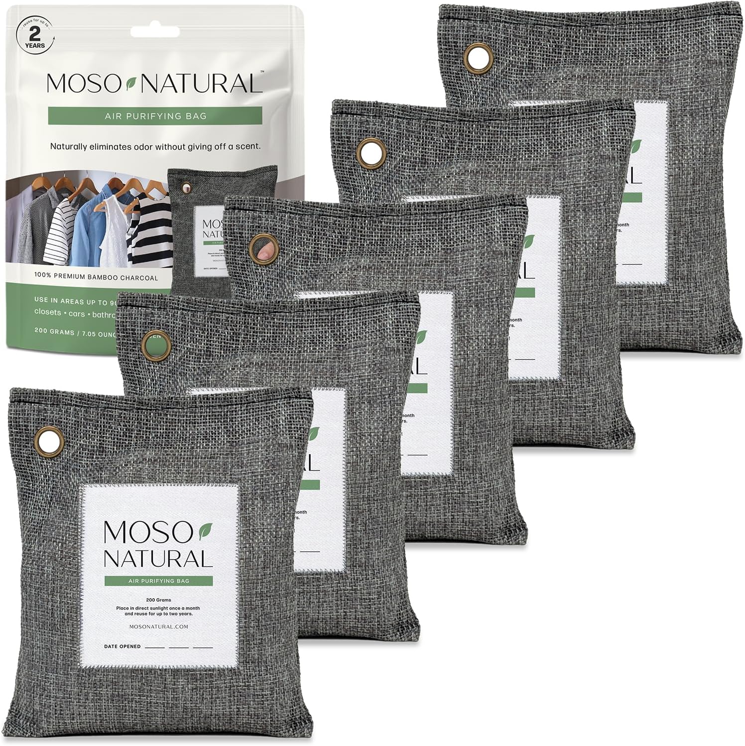 Moso Natural Air Purifying Bag 200g (5 Pack) Charcoal Odor Absorber, Car Odor Eliminator & Closet Deodorizer for Home & Pet, Lasts 2 Years, Unscented Bamboo Charcoal Bags, HGTV Editors' Pick