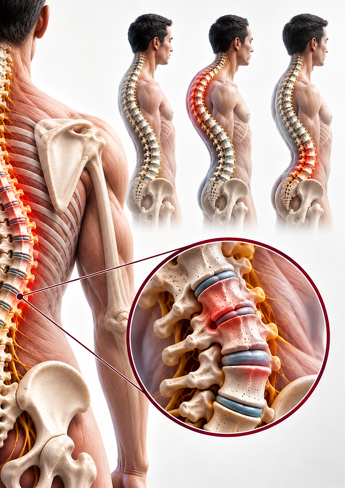 Spinal deformity and disc degeneration illustration.