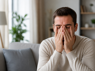 Man experiencing sinus pain and facial pressure due to sinusitis.