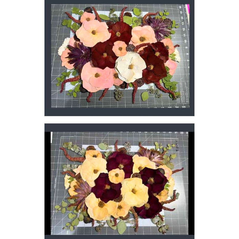 Two arrangements of pressed flowers in pink, red, and white on a gray grid background, featuring green leaves and floral patterns. Showing before and after color restoration.