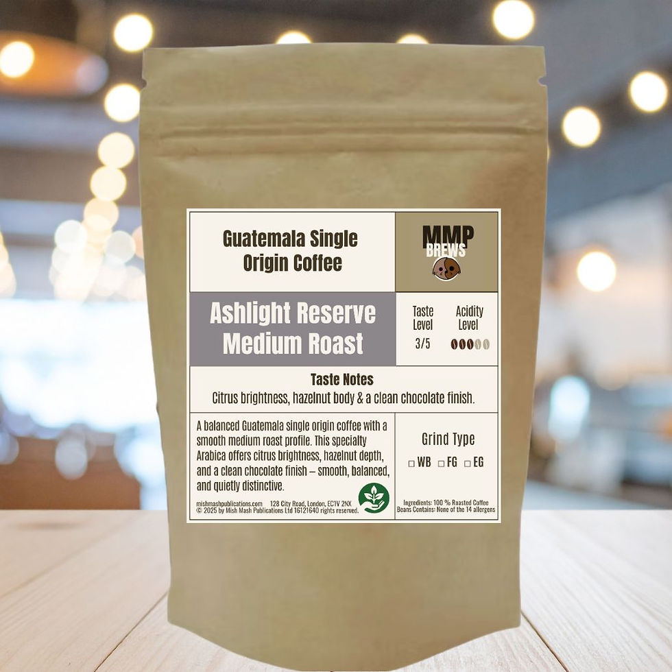 Ashlight Reserve Medium Roast coffee pouch with green label on café background