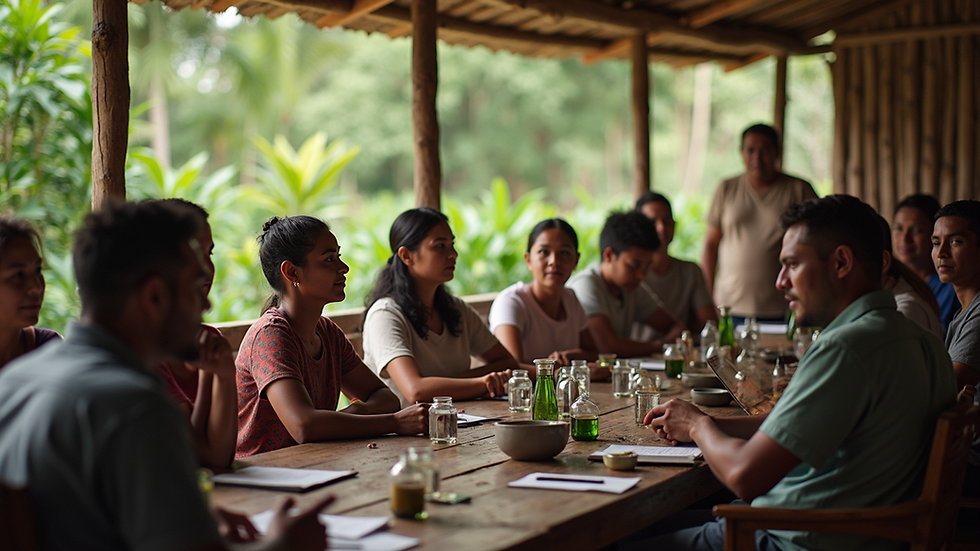 High angle view of a coffee cooperative meeting in a rural village