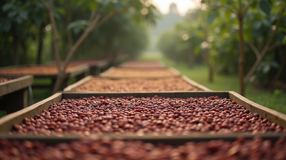 Close-up of coffee beans drying on raised beds in a sustainable farm