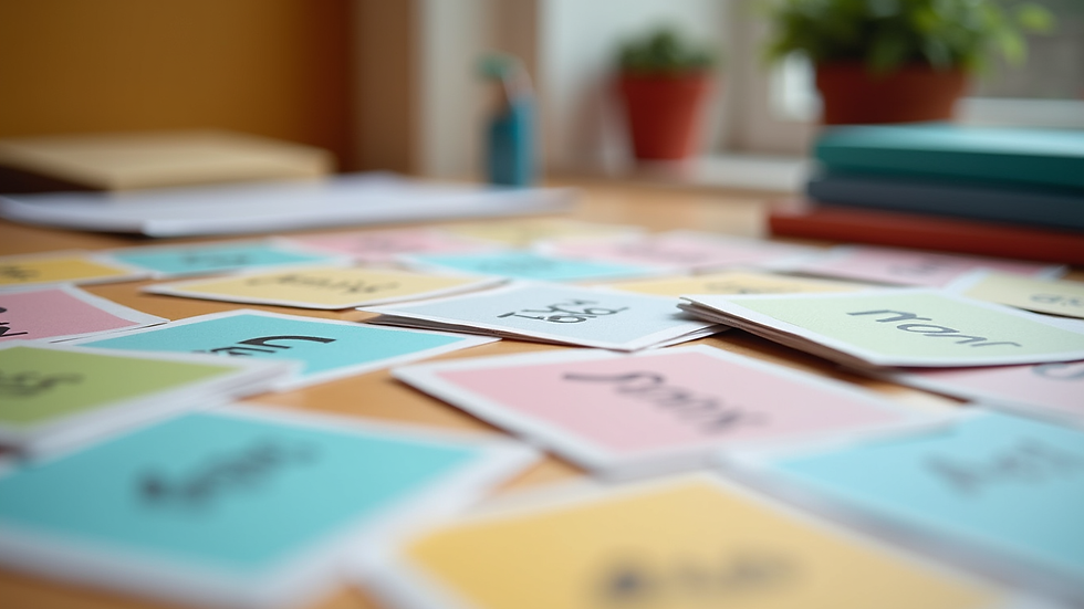 close-up of colorful English learning flashcards on a table
