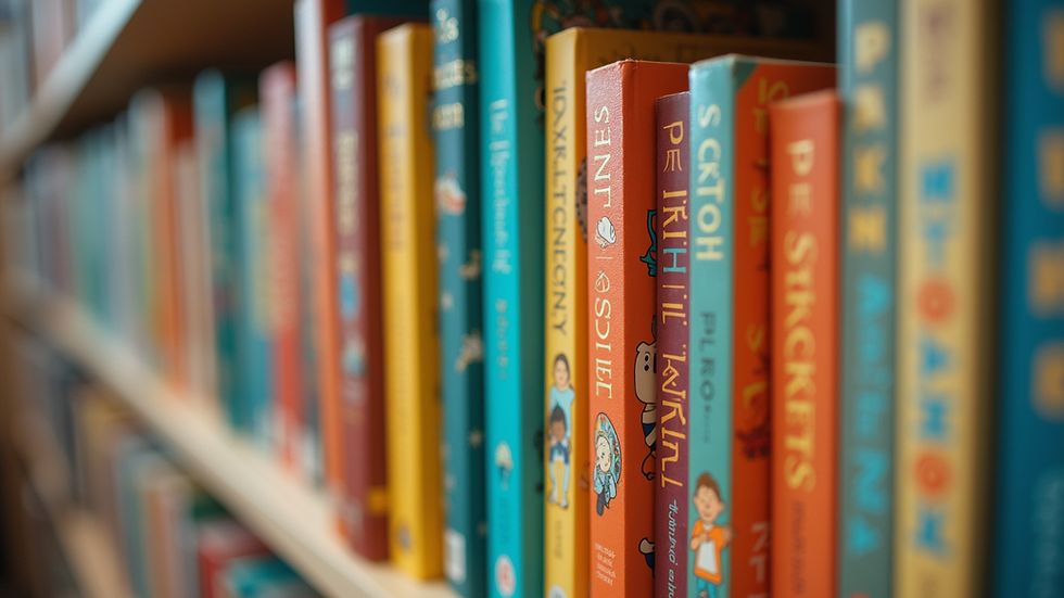 Eye-level view of colorful children's English storybooks on a shelf