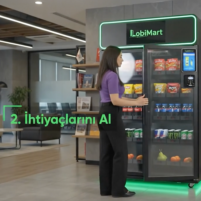 LobiMart otonom mikro market dolabından ürün seçen kadın