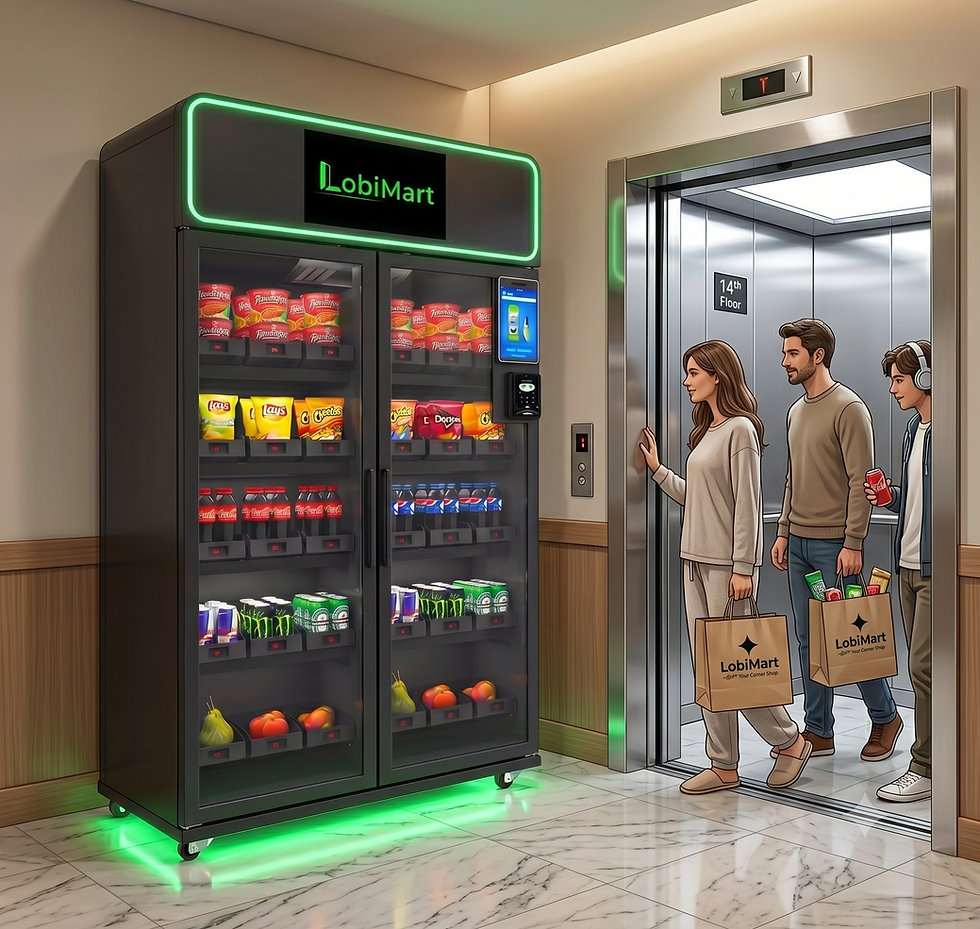 Asansör yanında atıştırmalık dolu Otonom Mikro Market.