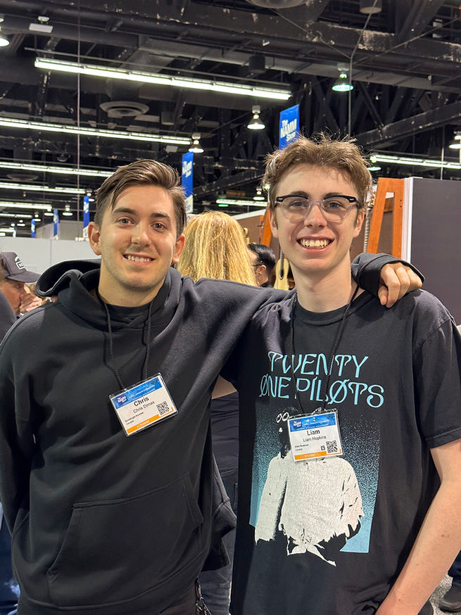 Drummer Chris Dimas meeting up with drummer LIAM Hopkins at NAMM 2023.