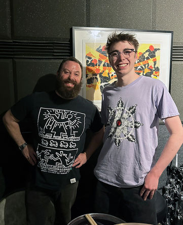 Drum Instructor Dave Elitch with student drummer LIAM Hopkins pictured in Dave's studio in Los Angeles, California.