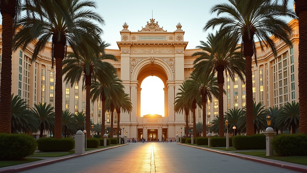 Eye-level view of Caesars Palace hotel entrance with palm trees