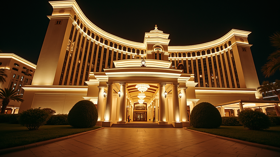 Eye-level view of Caesars Palace hotel entrance at night