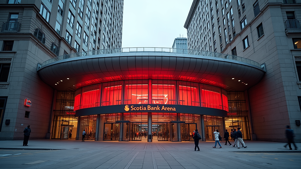 Eye-level view of the Scotiabank Arena entrance with nearby hotels