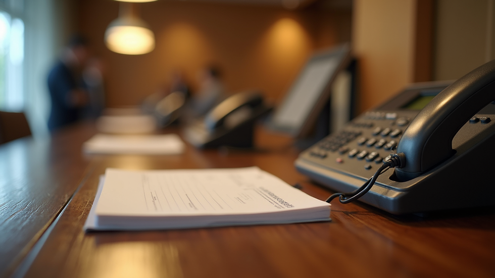 Eye-level view of a hotel reception desk with a phone and reservation book