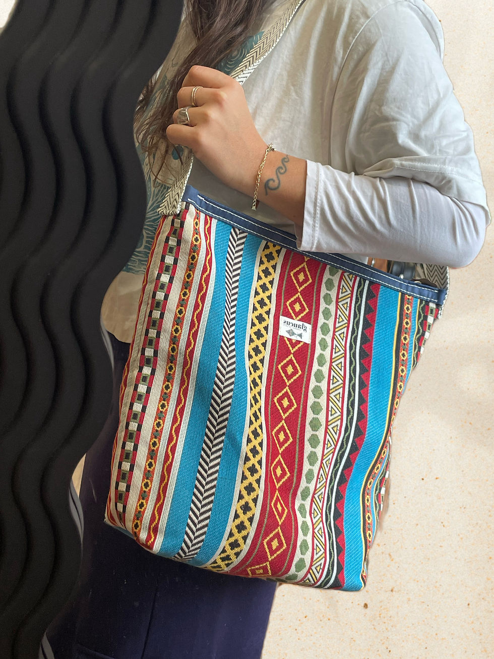 Χειροποίητη υφασμάτινη tote bag βαμβακερή ριγέ με εσωτερική τσέπη