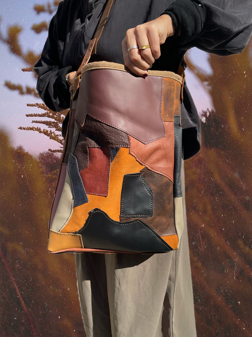 Χειροποίητη tote τσάντα landscape με patchwork δέρματος κομμάτια