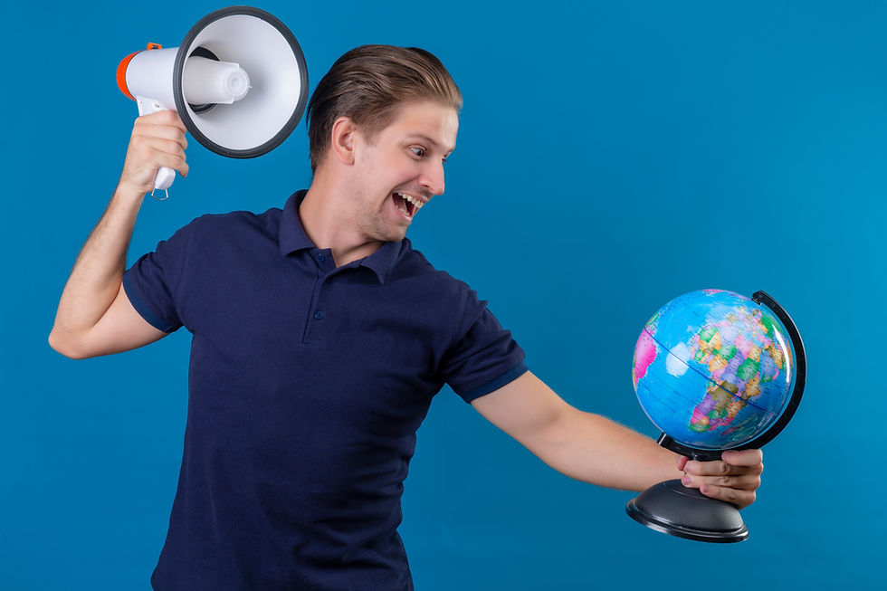 Man holding a megaphone and a globe, representing global agricultural marketing and the power of transcreation to reach international audiences.