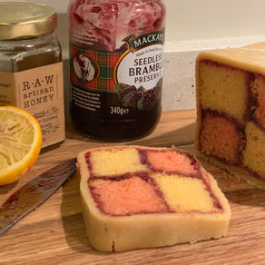Honey and Lemon Battenberg with blackberry jam