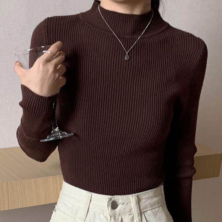 Miniatura: Autumn Winter Mock Neck Women Sweater Vintage Basic Solid Knitted Tops Casual Sl