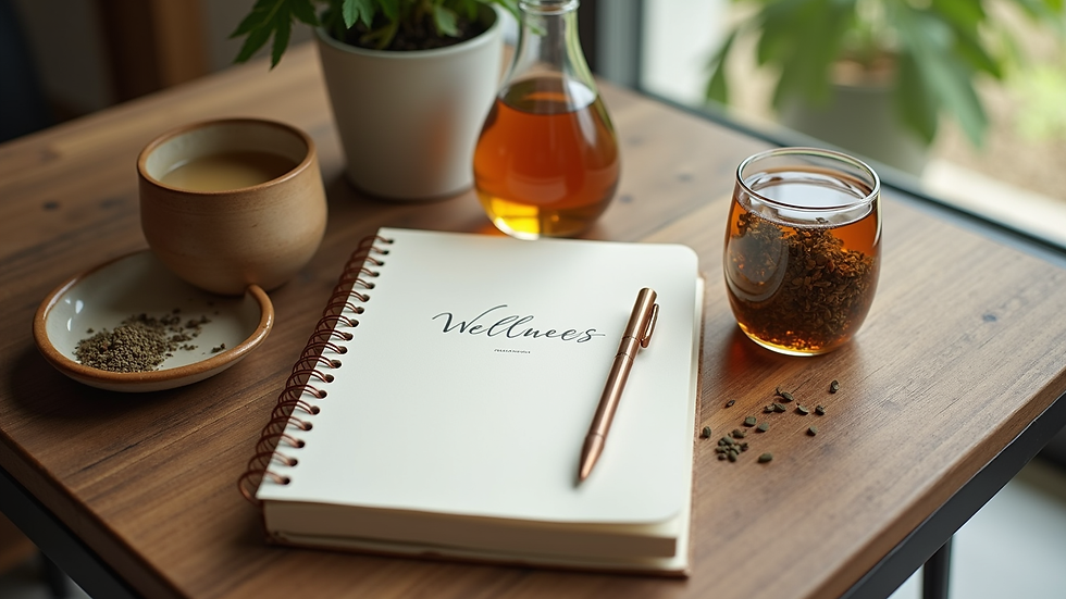 High angle view of a wellness journal and herbal tea on a wooden table