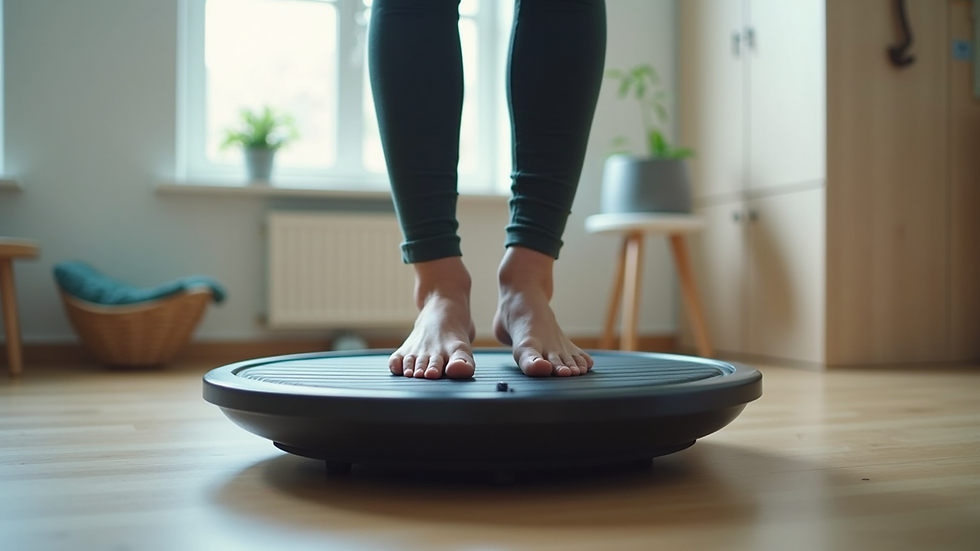 Close-up view of a person standing on a vibration platform during therapy