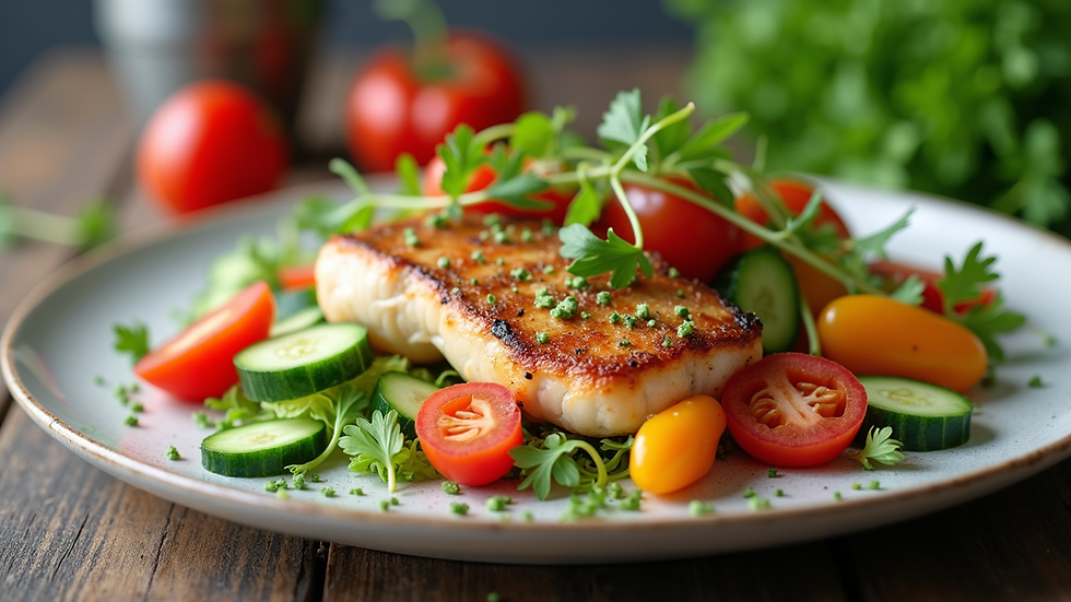 Eye-level view of a colorful plate with fresh vegetables and lean protein