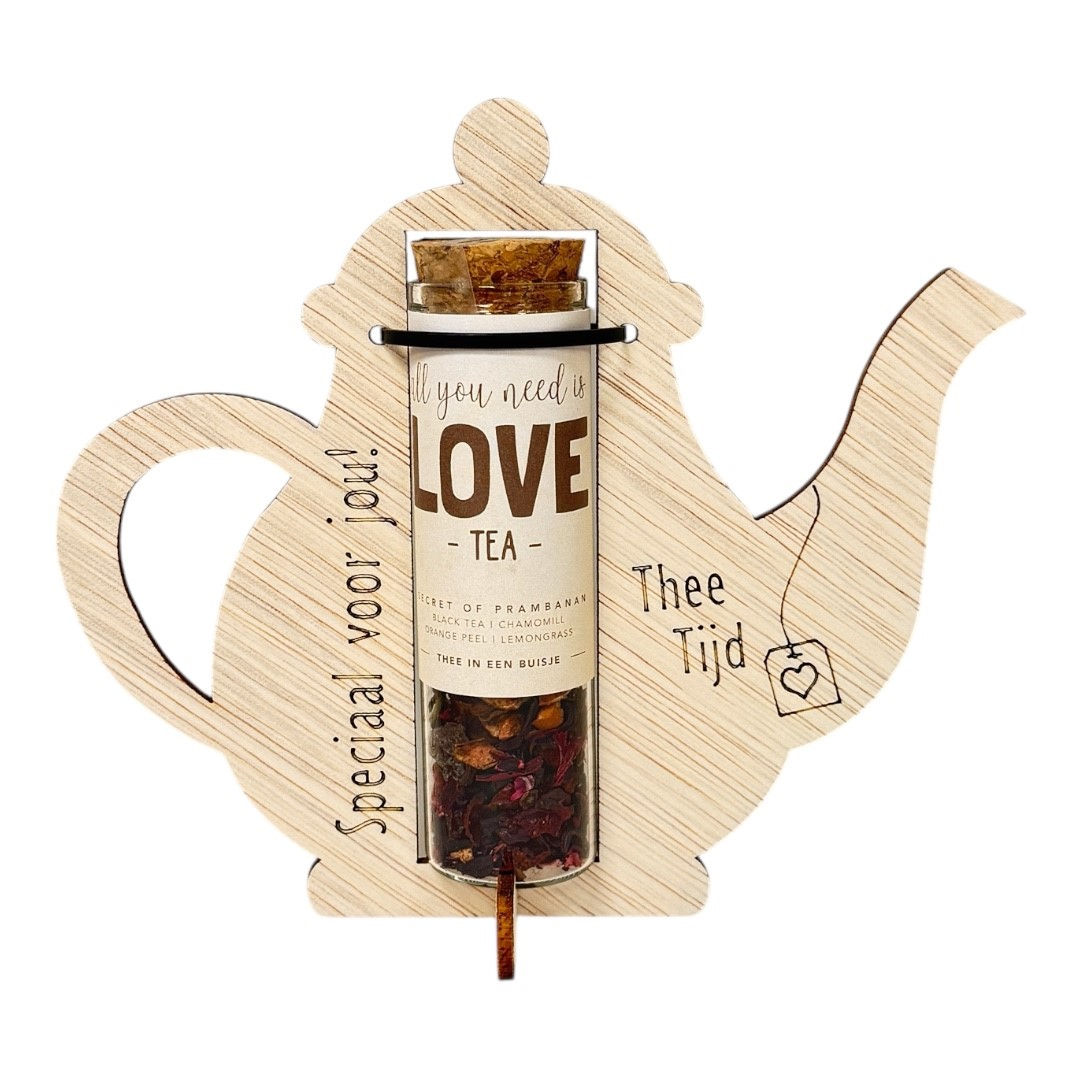 Houten theepot met glazen buisje met thee: All you need is love tea 4 st