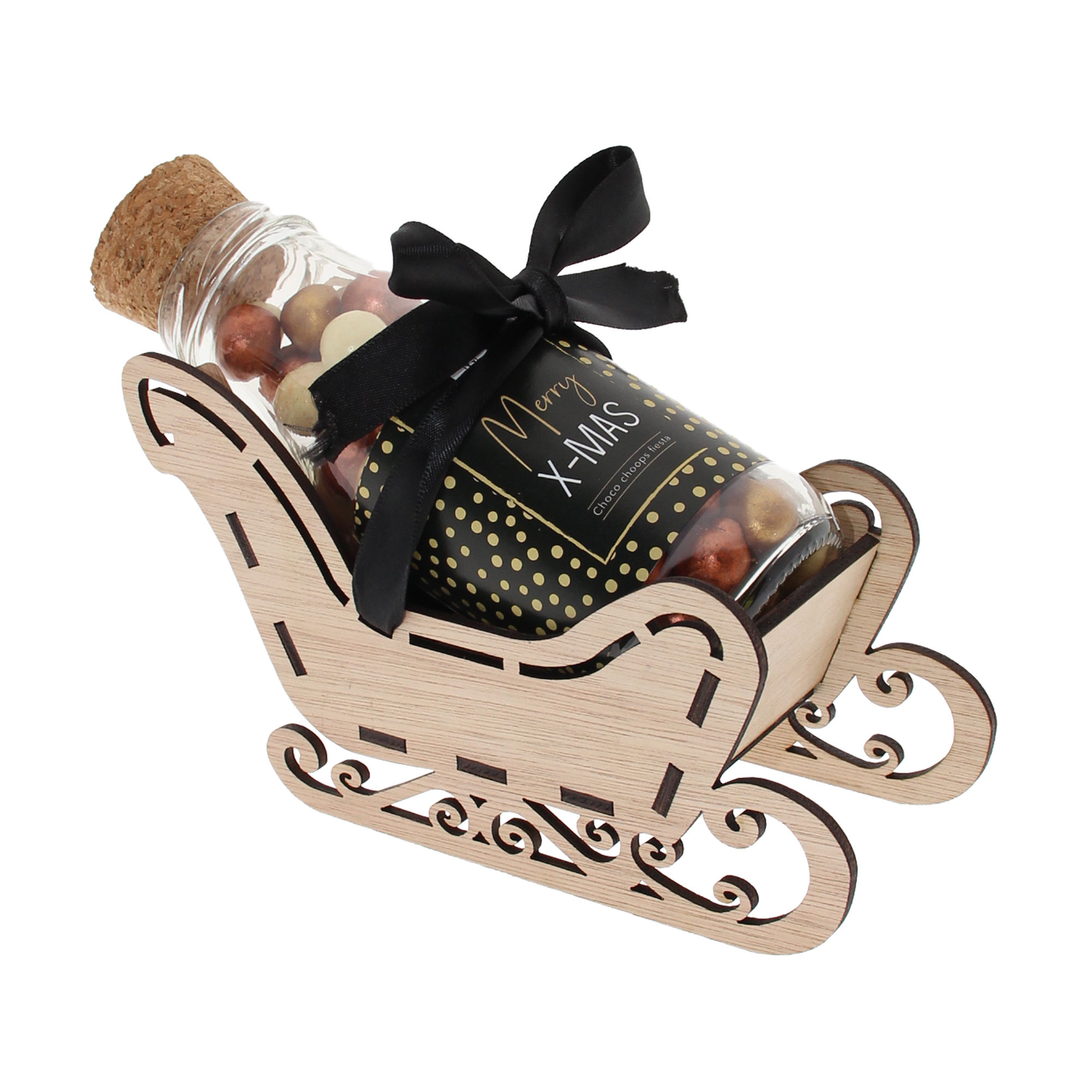 Houten arreslee met glazen fles met Choco choops4 st