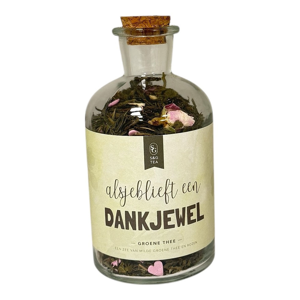 Glazen fles met kurk gevuld met groene thee : "Alsjeblieft, een dankjewel" 4 st