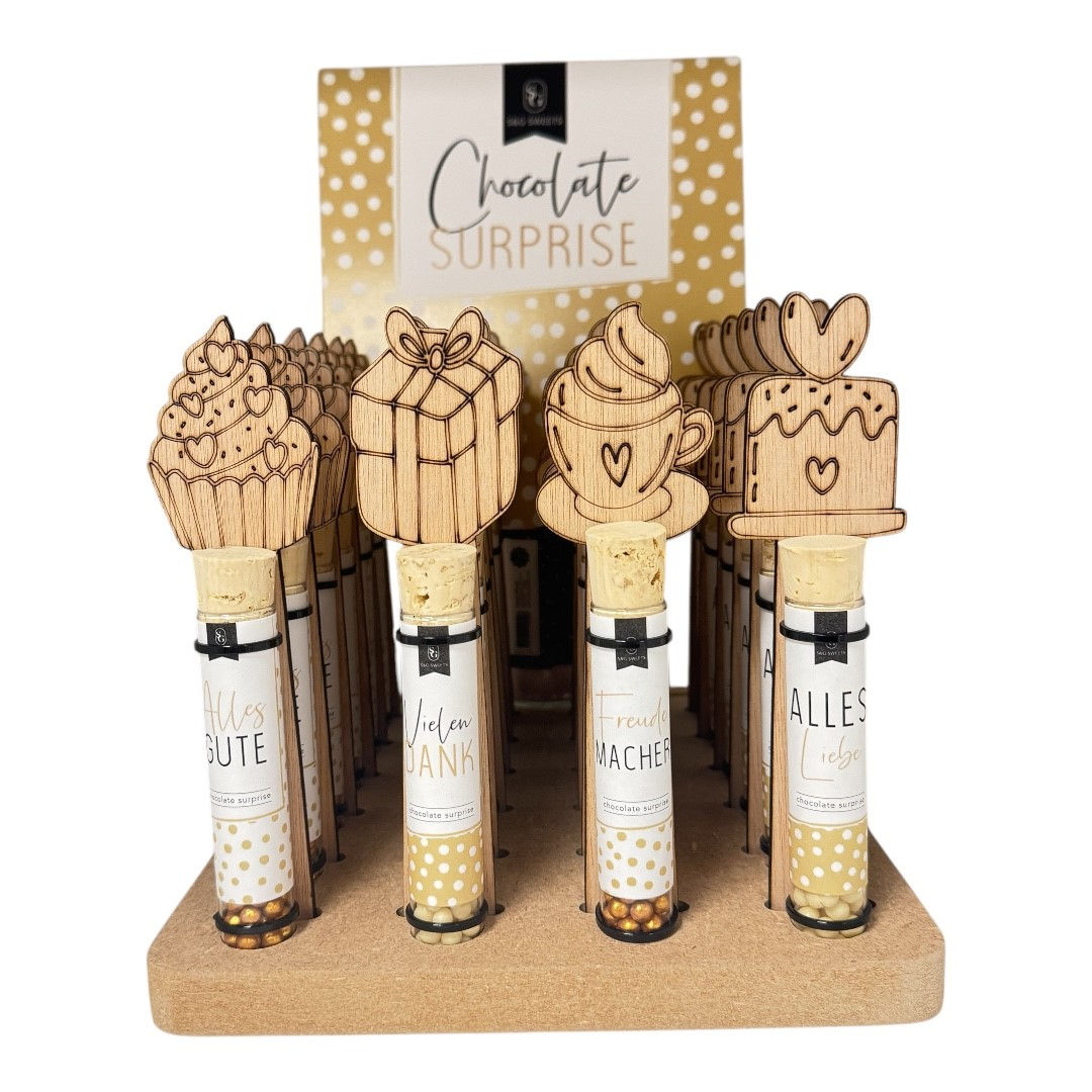 Display mit Holzständer mit einem Glasröhrchen, gefüllt mit Choco-Choops 4x6 st