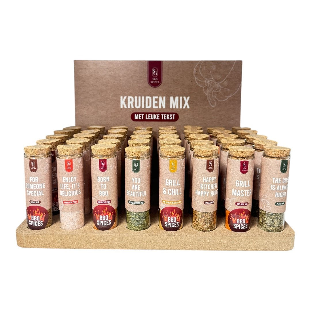 Houten display met kruidenbuisjes met leuke tekst 8 x 5 st