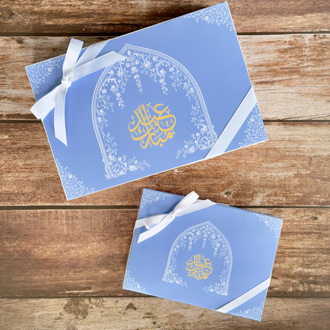 Luxury Ramadan and Eid gift boxes with blue packaging and ribbon – Toronto & GTA