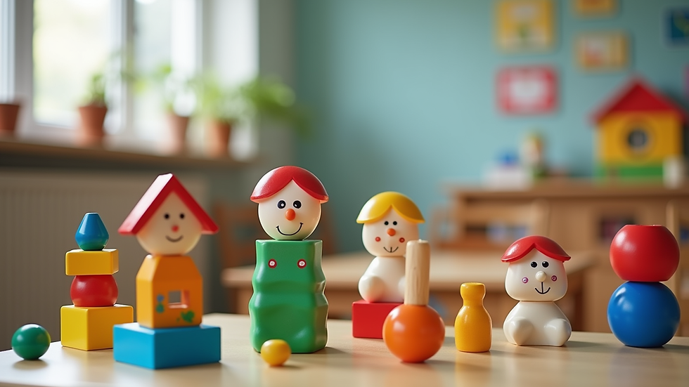Close-up view of colorful educational toys arranged in a playgroup classroom