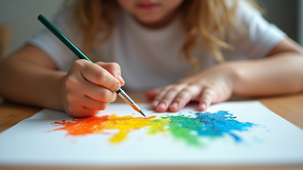 Close-up view of a child’s hands painting with bright colors on paper