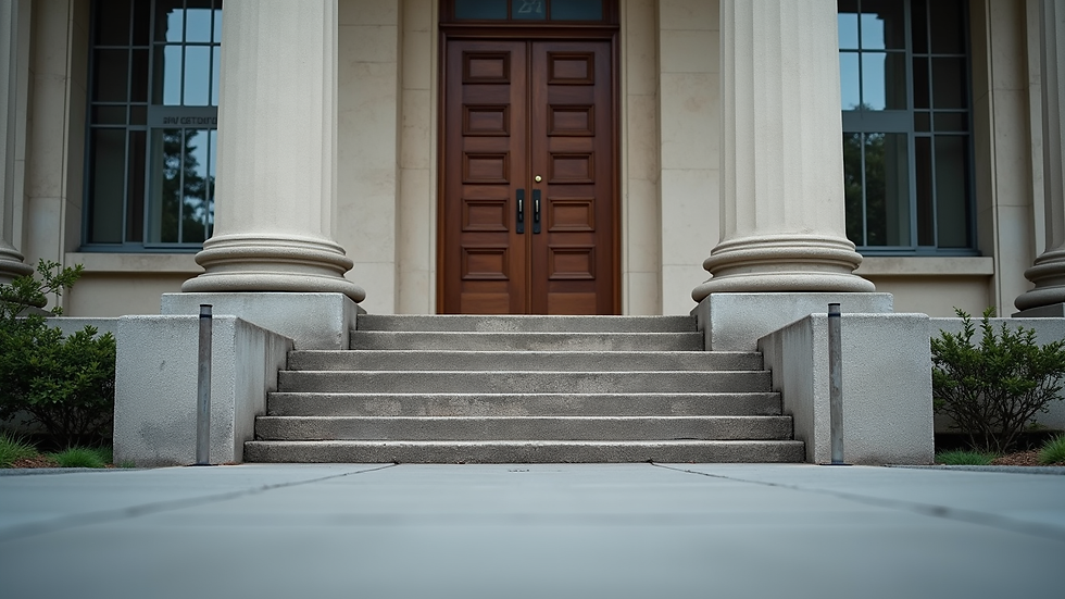 Eye-level view of a courthouse entrance with steps leading up