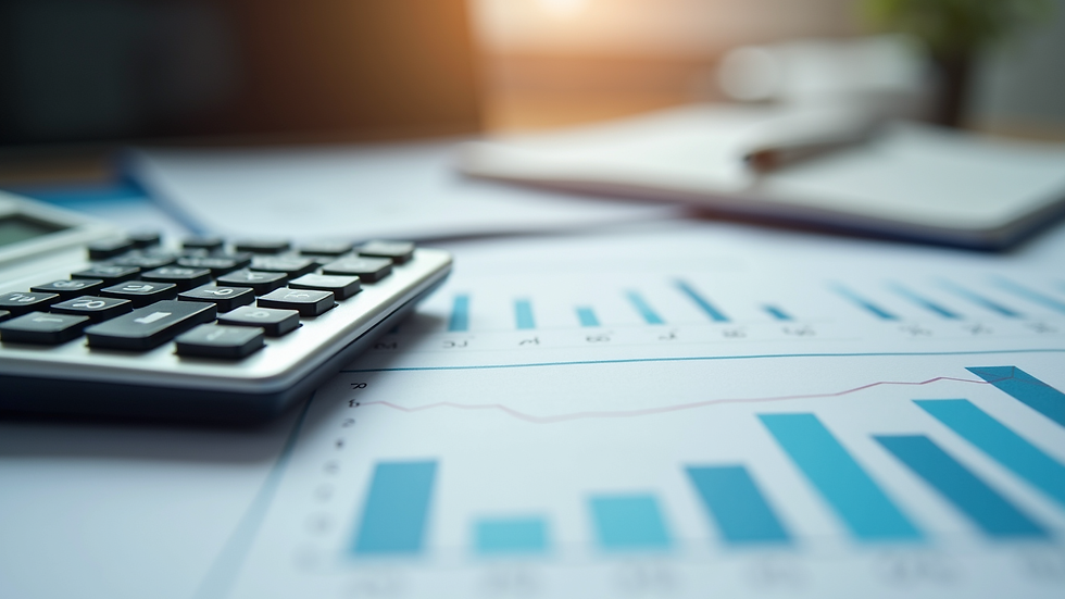 Close-up view of financial documents and calculator on desk