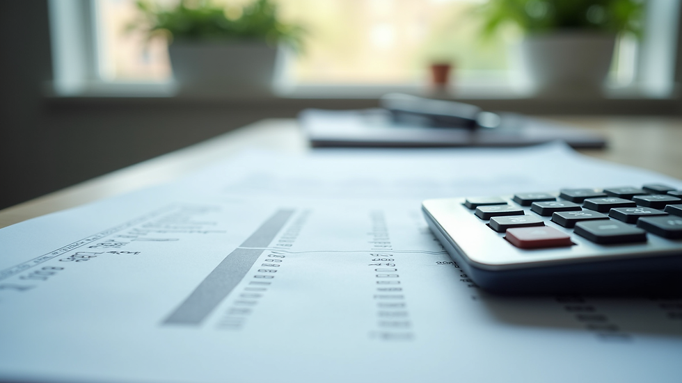Close-up view of financial documents and calculator on a desk