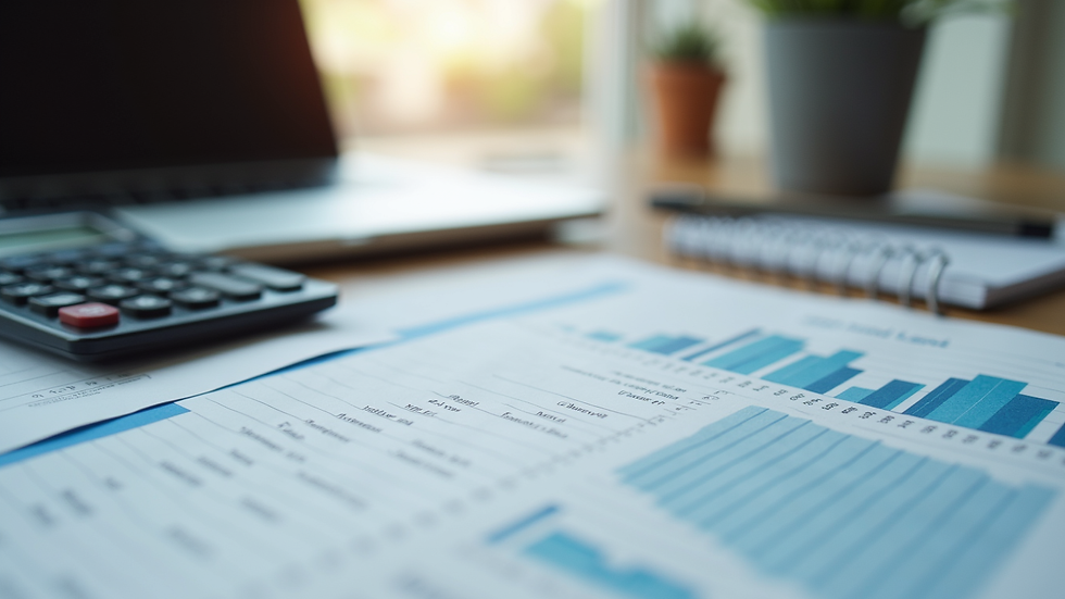 Close-up view of financial documents and calculator on a desk
