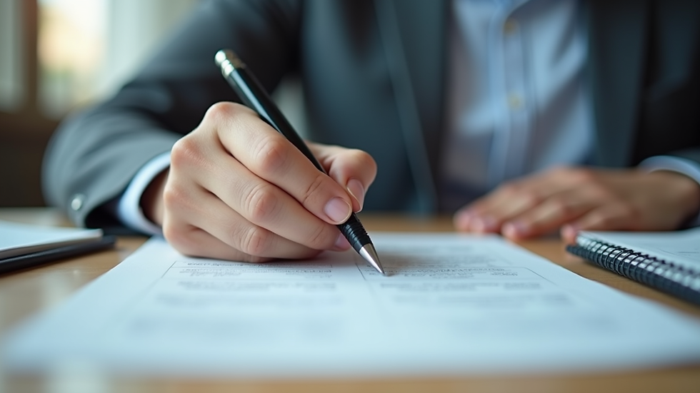 Close-up view of a person filling out financial documents at a desk