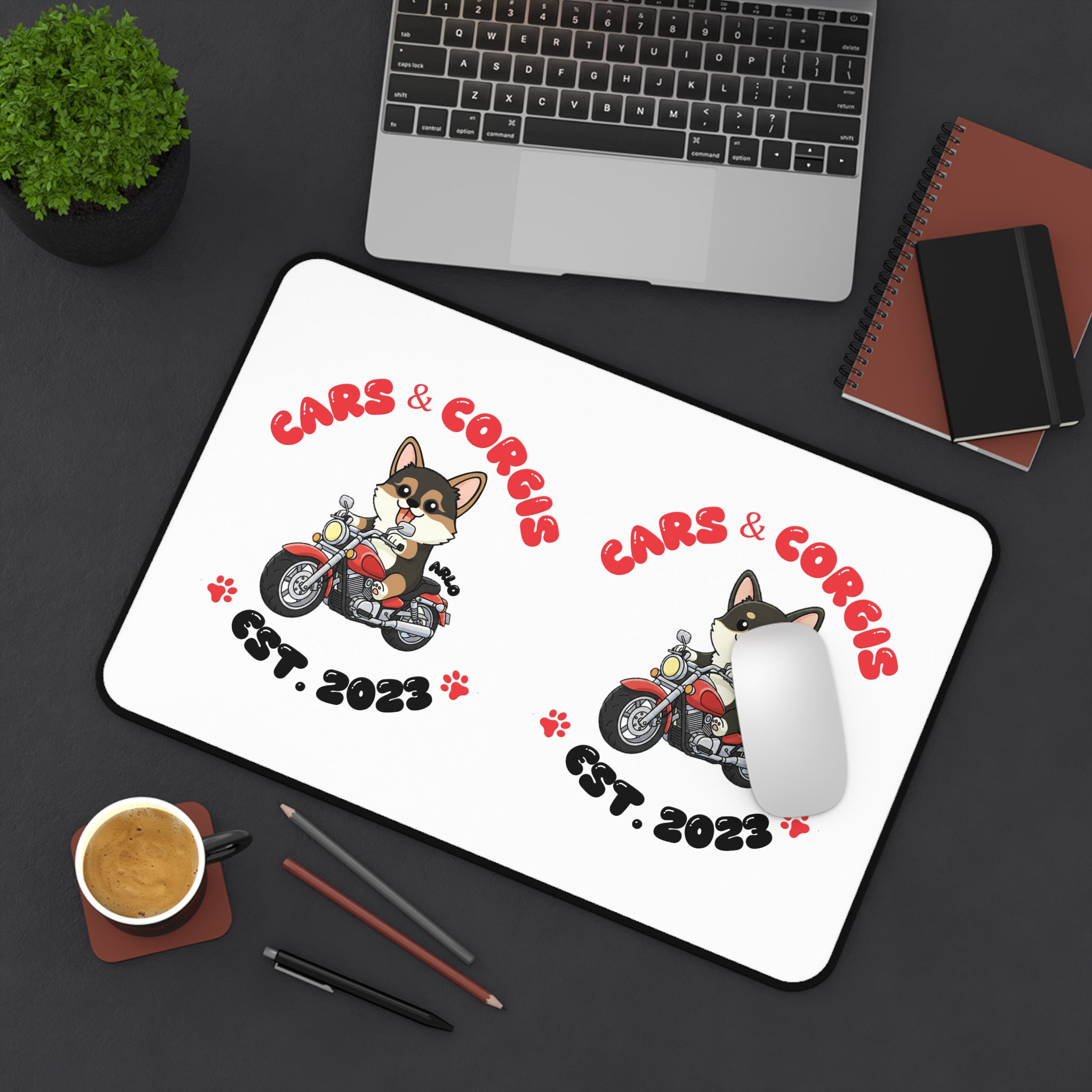 Cars & Corgis (Motorcycle) Desk Mat
