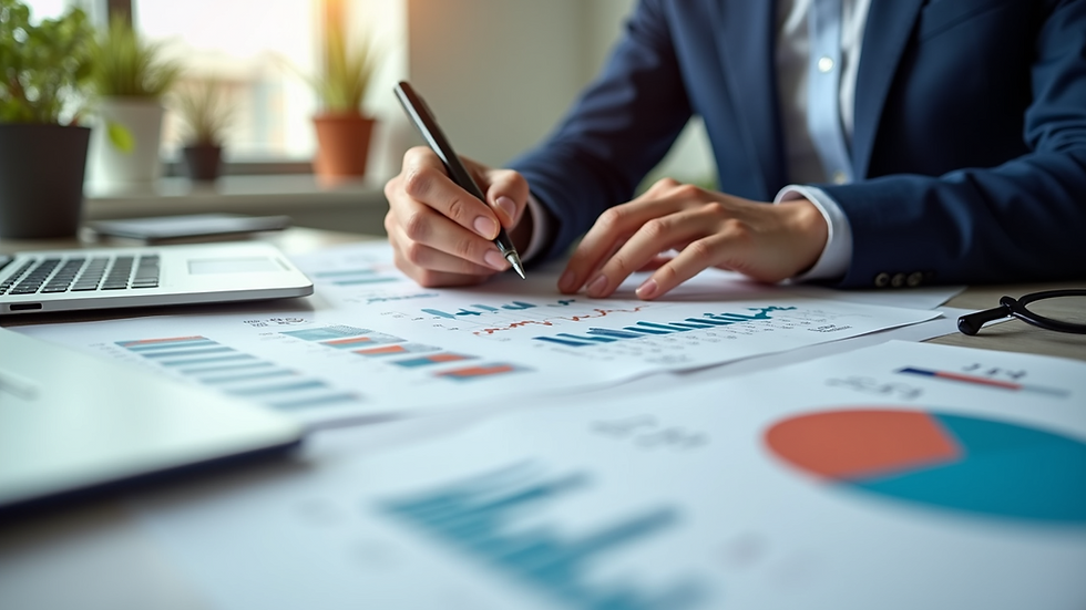 Eye-level view of a financial advisor analyzing diverse investment charts on a desk