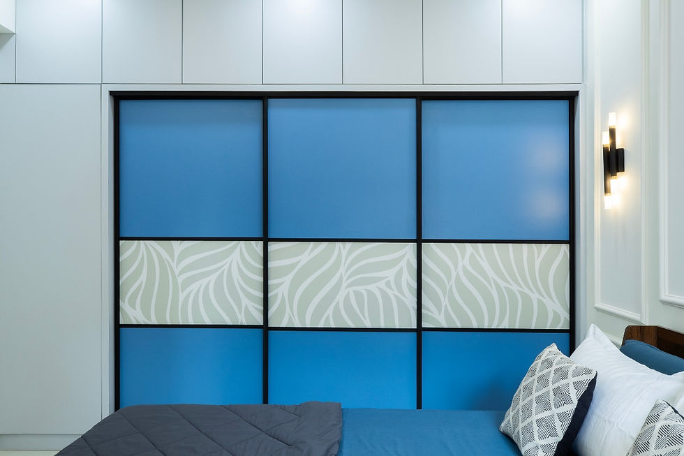 Wardrobe sunmica combination design in dual colours and a print